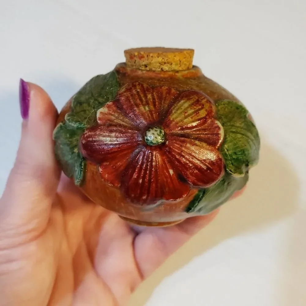 Vintage Handpainted Pottery cork lid Stash Jar Pot